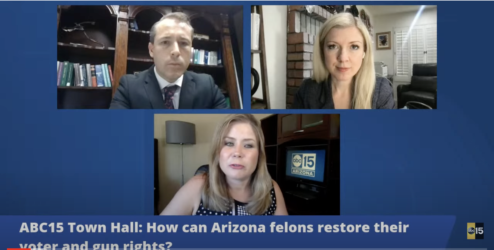 Three person zoom screen with title "How can Arizona felons restore their rights"